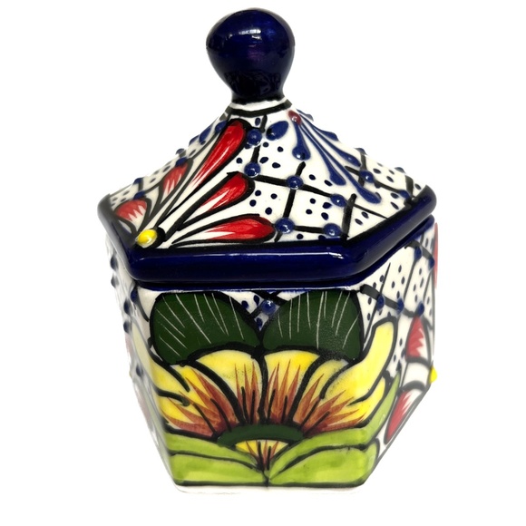 Mexican Trinket Box Art Pottery Lidded Ceramic Alba Mexico Floral 3D Blue Yellow - Picture 1 of 5
